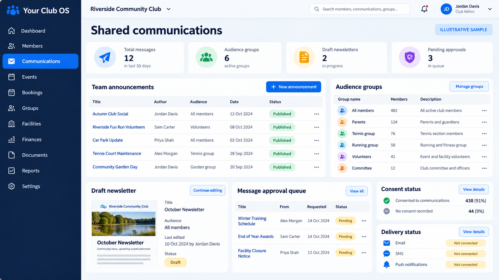 Illustrative Shared communications dashboard showing Audience groups and team announcements, Newsletter drafts and approvals, Separate consent and provider connection status. Fictional sample data.